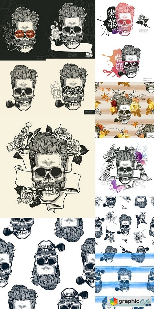 Skull. Hipster silhouette with mustache glasses and tobacco pipe on a colorful splash background