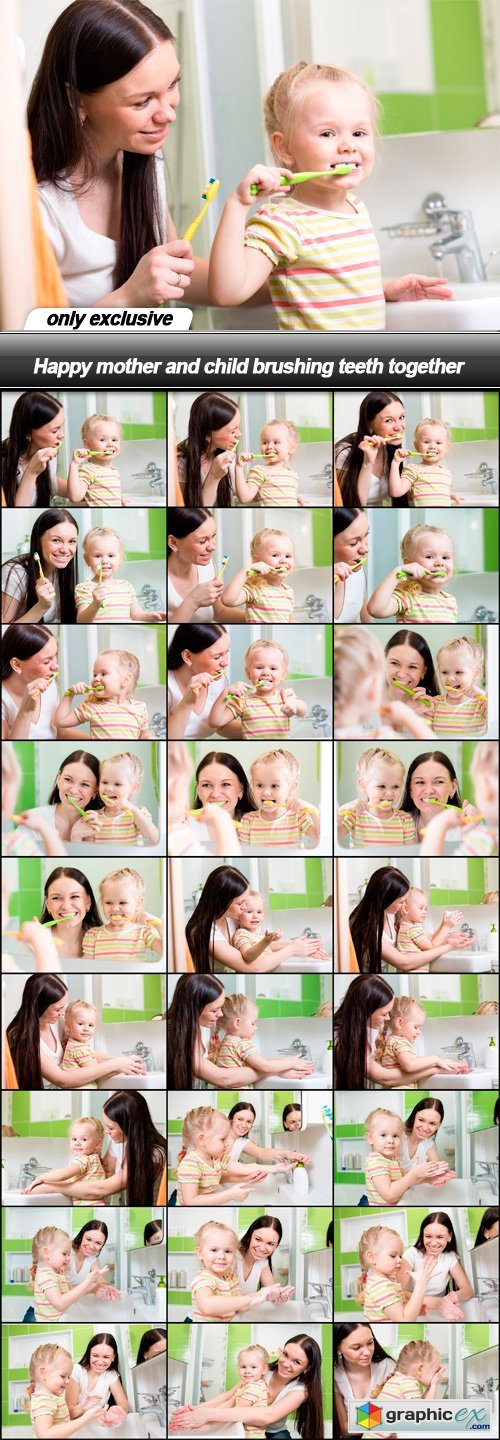 Happy mother and child brushing teeth together - 28 UHQ JPEG