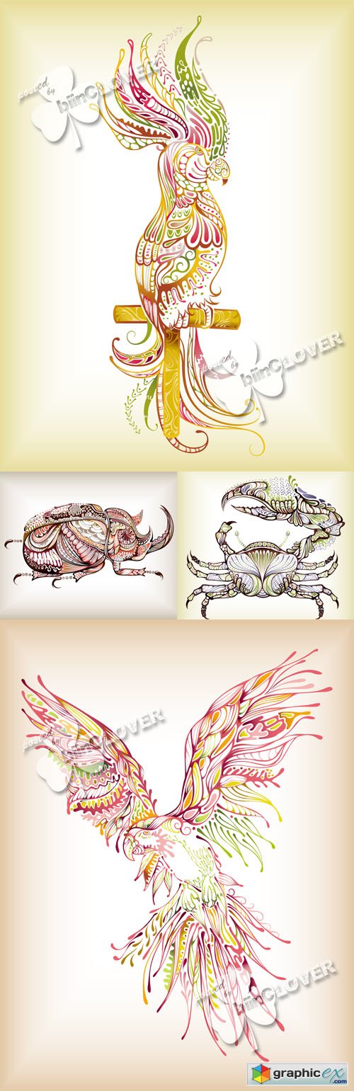 Vector Decorative crab,  beetle and parrot 0517