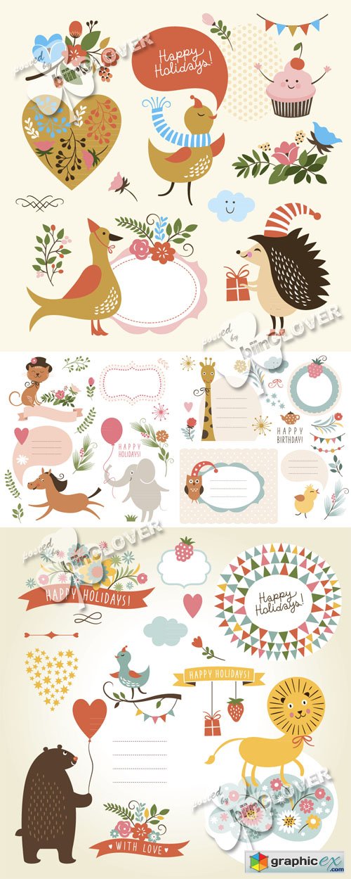 Vector Greeting cards with animals 0515
