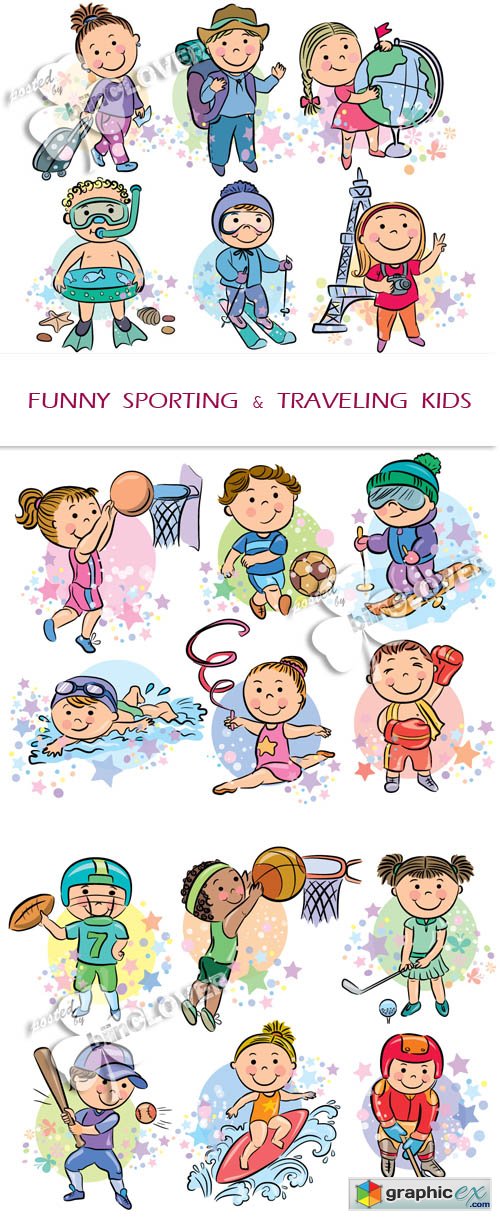 Vector Funny sporting and travelling kids 0415