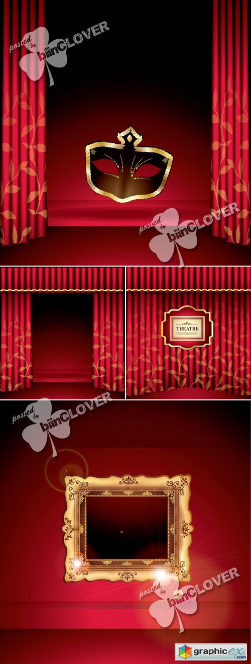 Vector Red curtain with frame and mask 0414