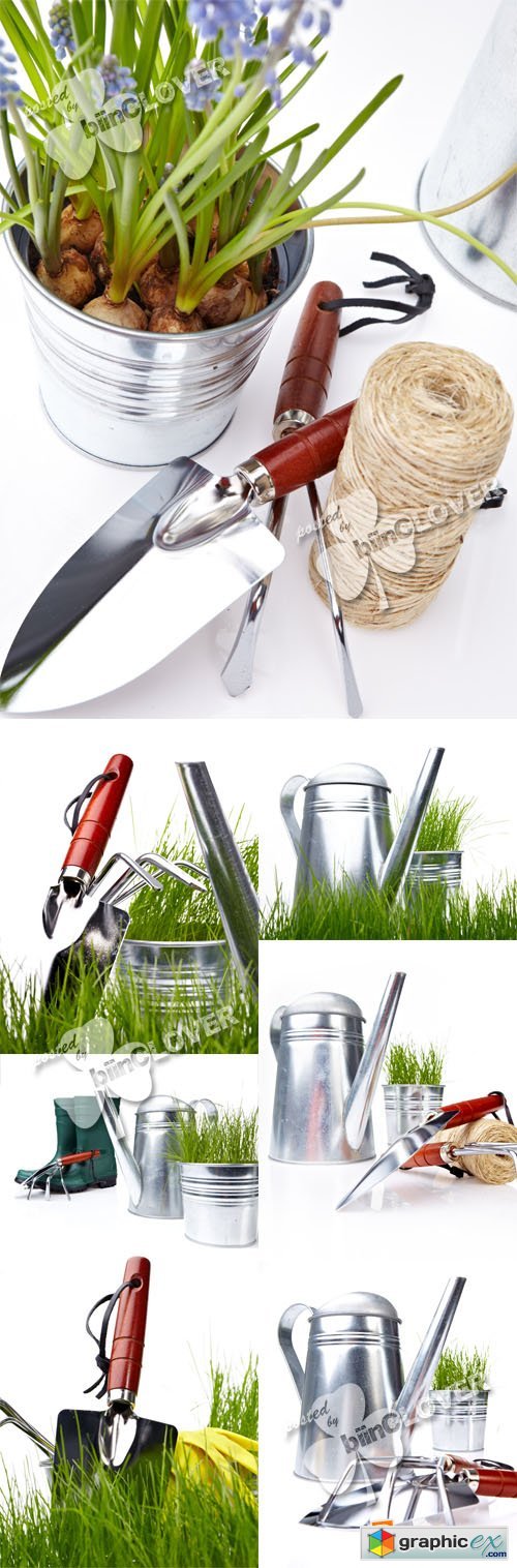 Garden tools and green grass 0394