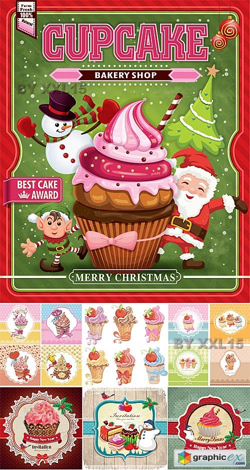 Vector Vintage cards with Christmas cupcakes