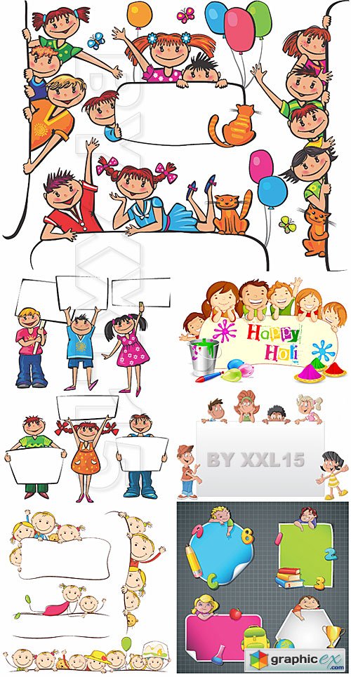 Vector Cartoon kids with placards and banners