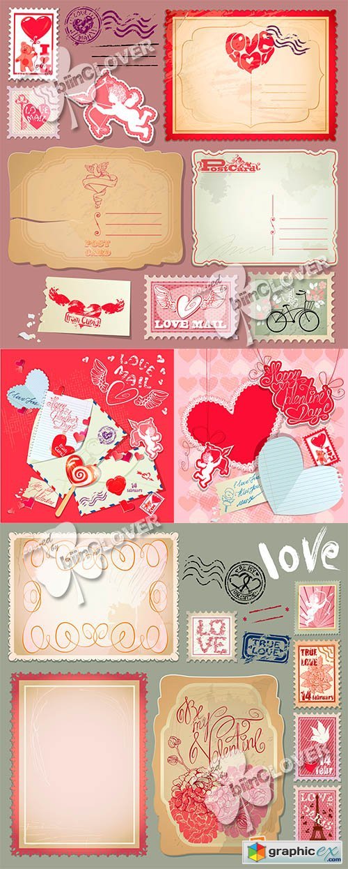 Vector Retro postcards and post stamps for Valentines day 0559