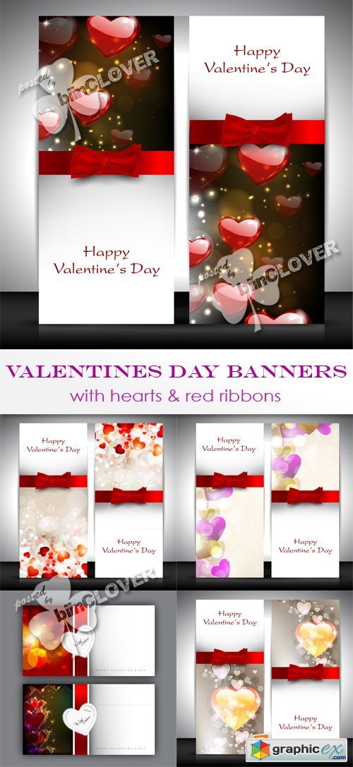 Vector Valentine&#039;s Day banners with hearts and red ribbon 0374