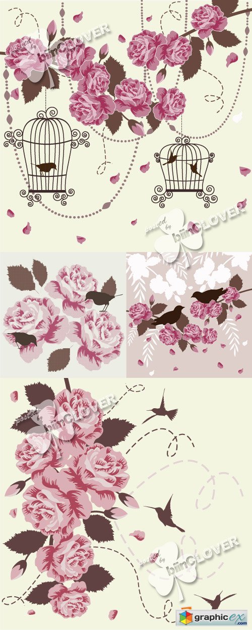 Vector Romantic background with birds and roses 0360