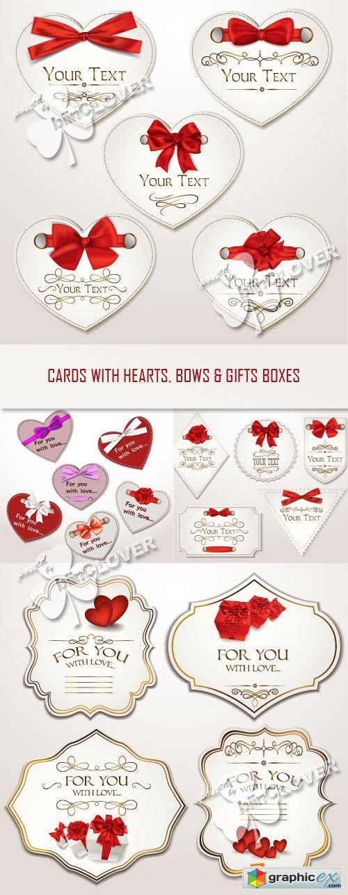 Vector Cards with hearts, bows and gift boxes 0352