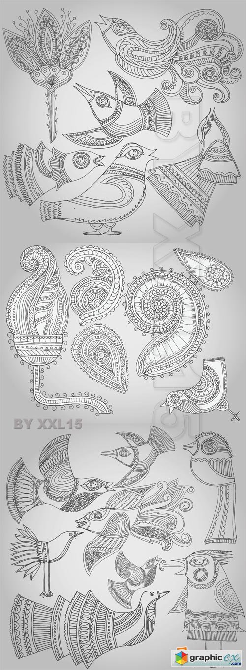 Vector Fantastic birds and flowers in folk style