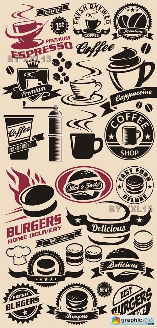 Vector Coffee and burgers retro labels