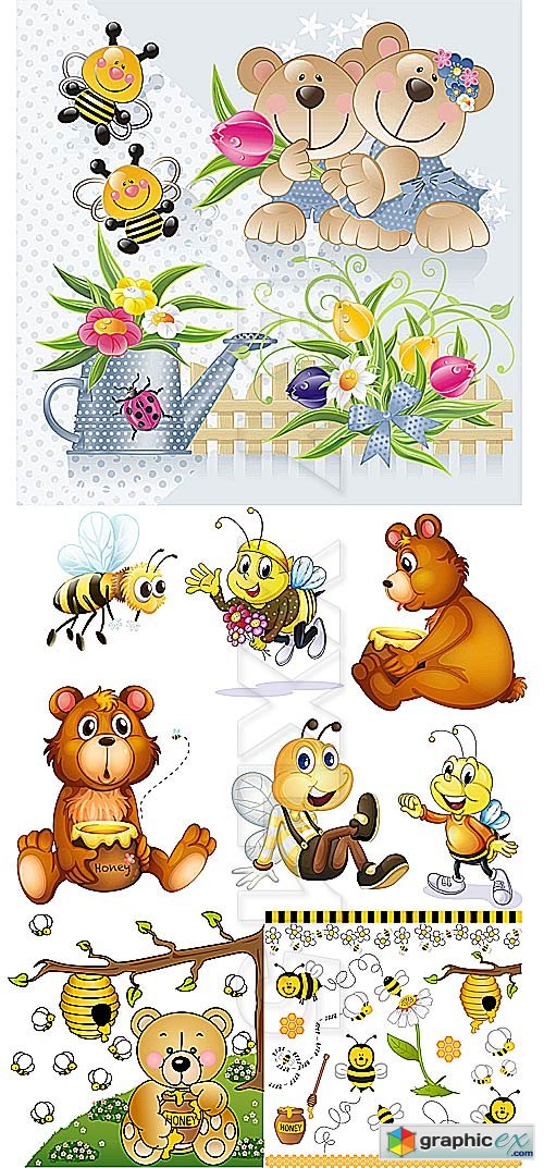 Vector Cute bears and bees