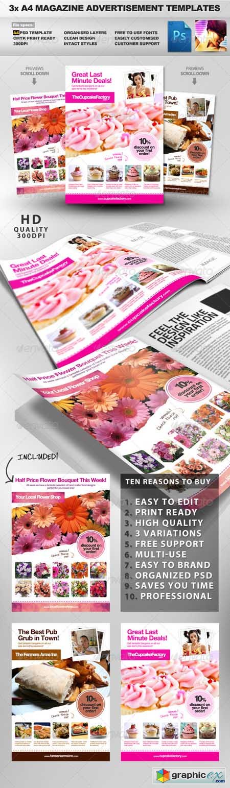 3x A4 PSD Magazine Advert Templates 609016
