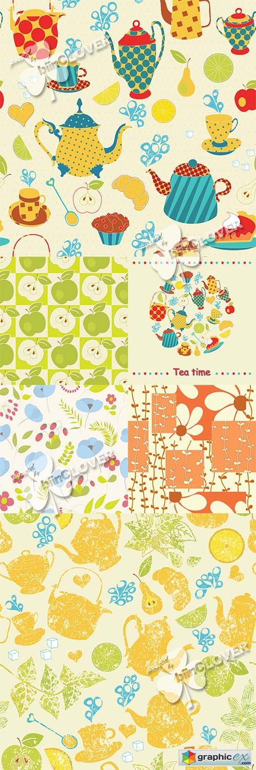 Vector Texture with flowers, fruits and teapots 0561