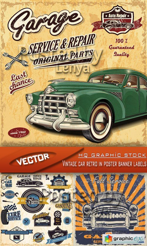 Stock Vector - Vintage car retro in poster banner labels