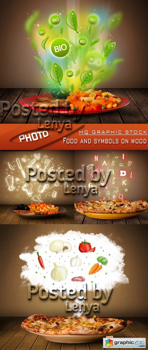 Stock Photo - Food and symbols on wood