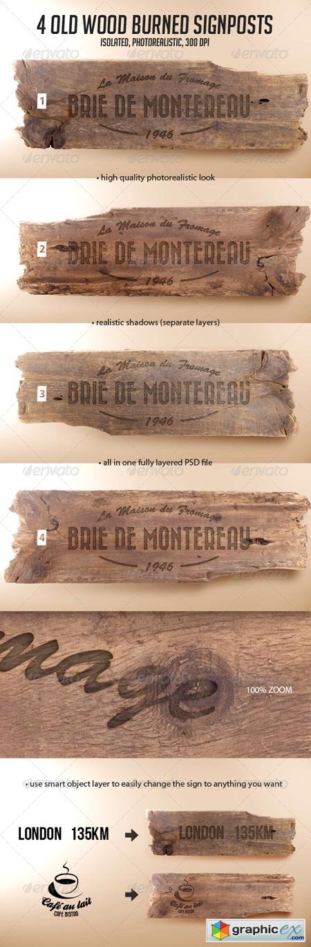 4 Old Wood Burned Signposts Boards Isolated Mockup 6951364