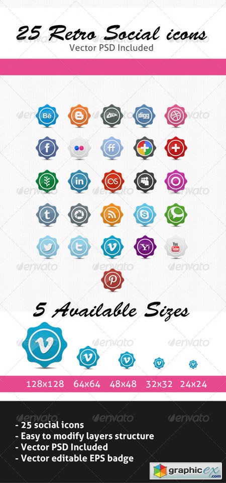 25 Retro Social Icons Badge Label Pack Template