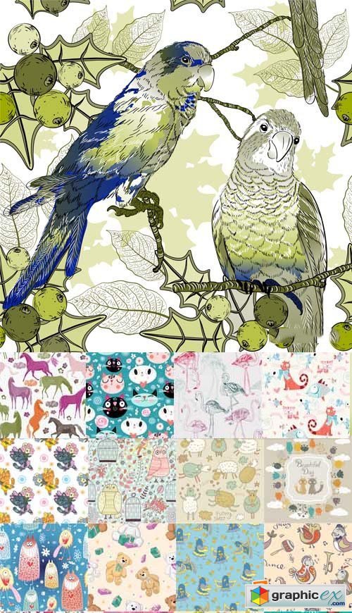 Cute seamless pattern with cartoon animals, 25xEPS