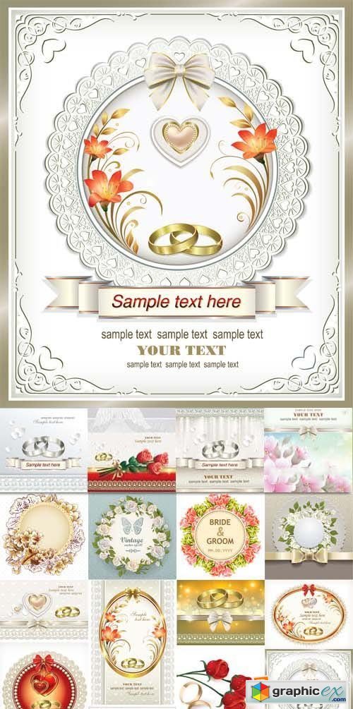 Wedding invitation with flowers, hearts and rings, 25xEPS