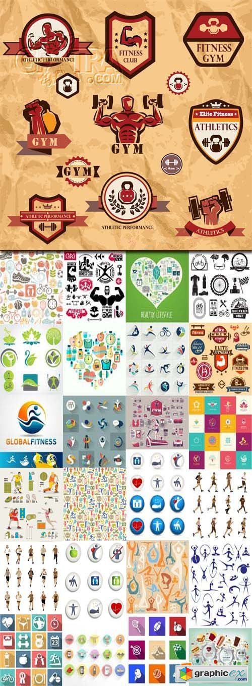 Gym, fitness, health emblems and icons, 25xEPS