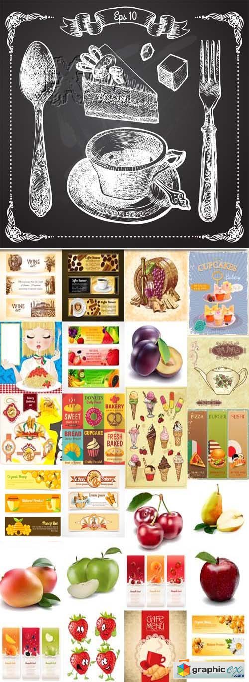 Food hand drawn banners, illustrations and elements, 25xEPS
