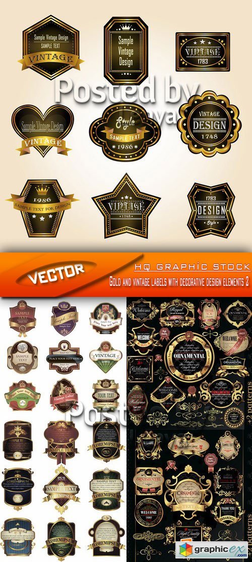Stock Vector - Gold and vintage labels with decorative design elements 2