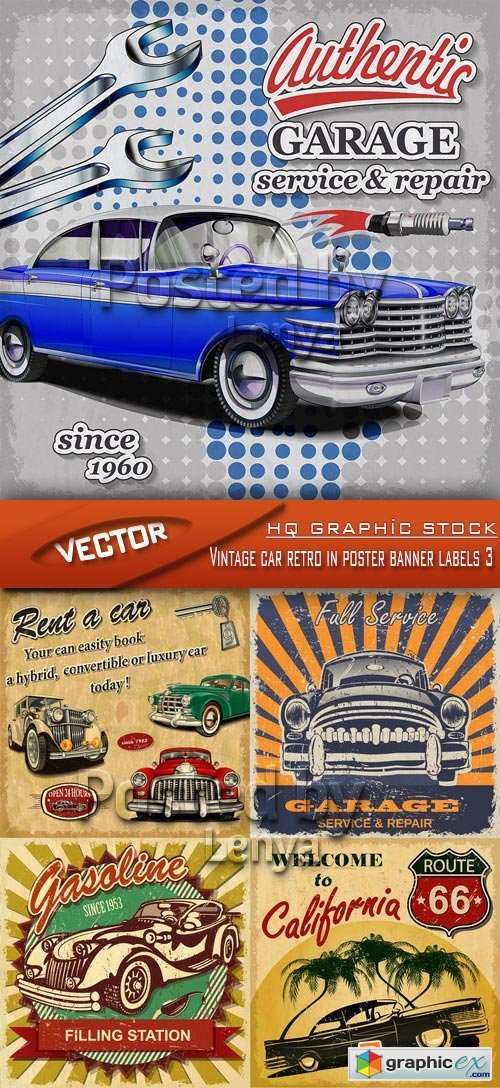 Stock Vector - Vintage car retro in poster banner labels 3
