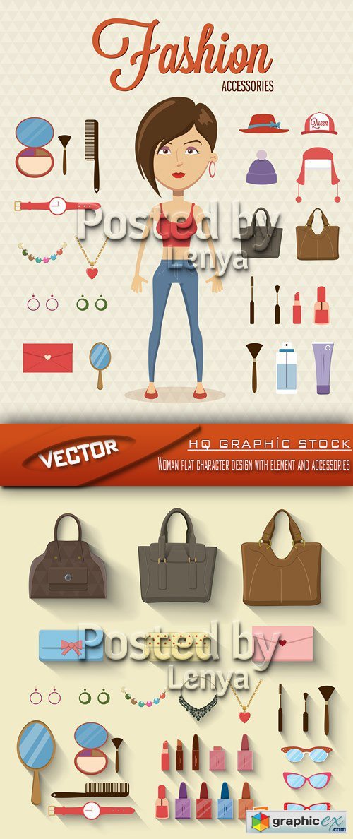 Stock Vector - Woman flat character design with element and accessories