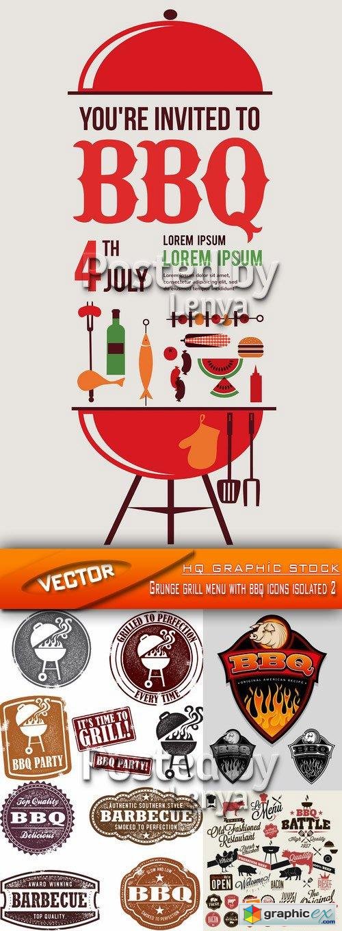 Grunge grill menu with bbq icons isolated 2