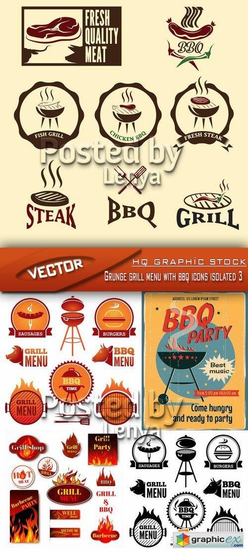 Grunge grill menu with bbq icons isolated 3