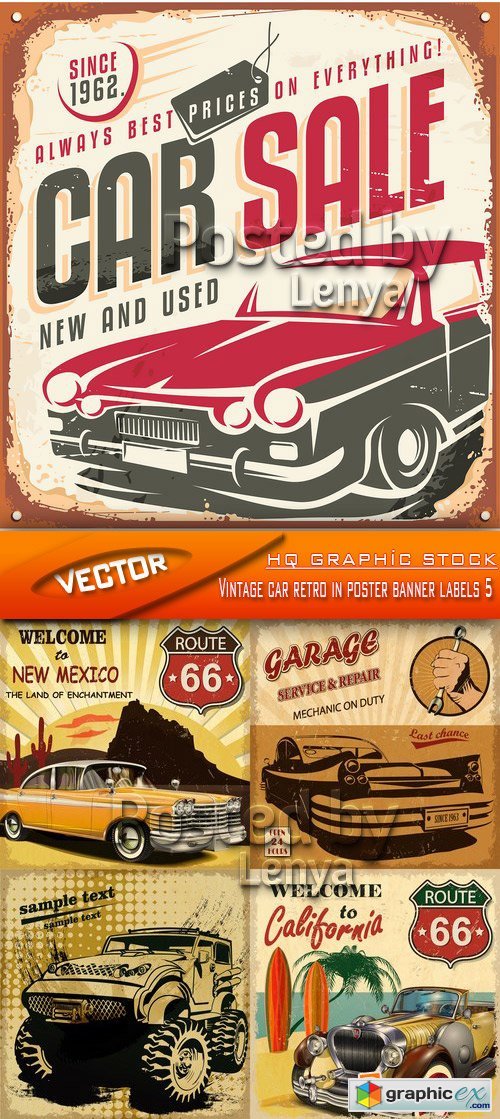 Stock Vector - Vintage car retro in poster banner labels 5