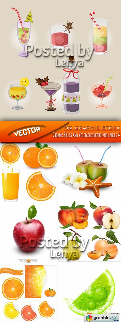 Stock Vector - Organic Fruits And Vegetables retro and labels 4