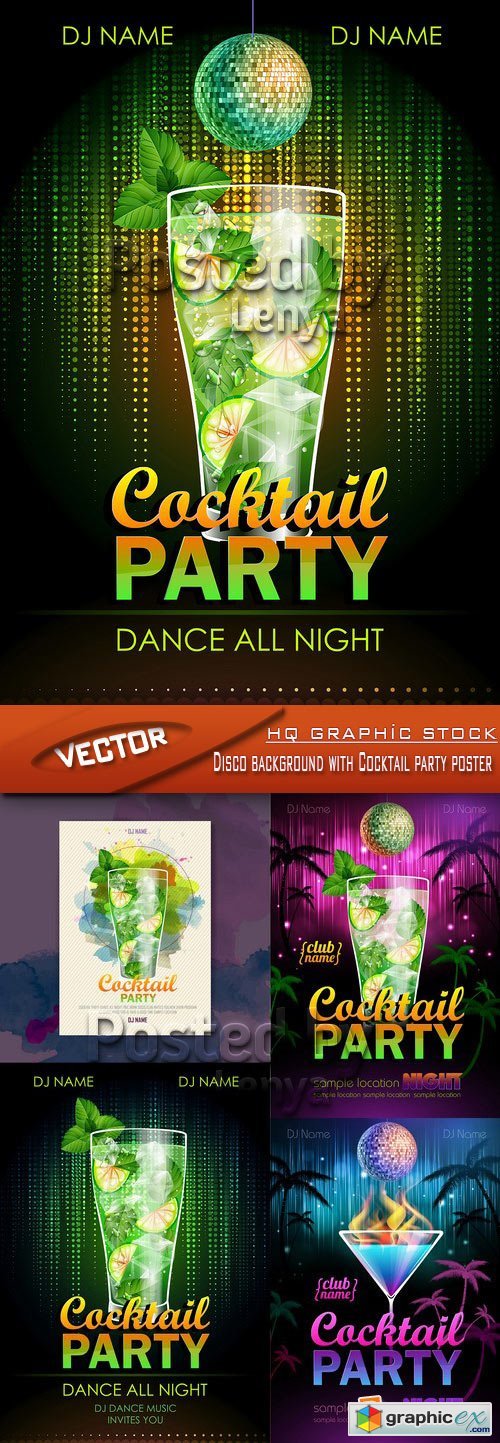 Stock Vector - Disco background with Cocktail party poster