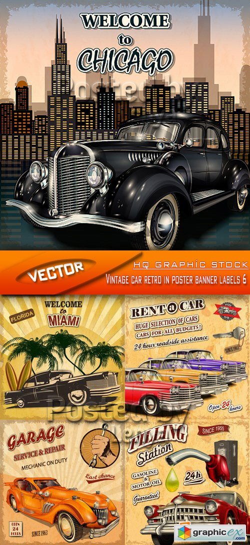 Stock Vector - Vintage car retro in poster banner labels 6