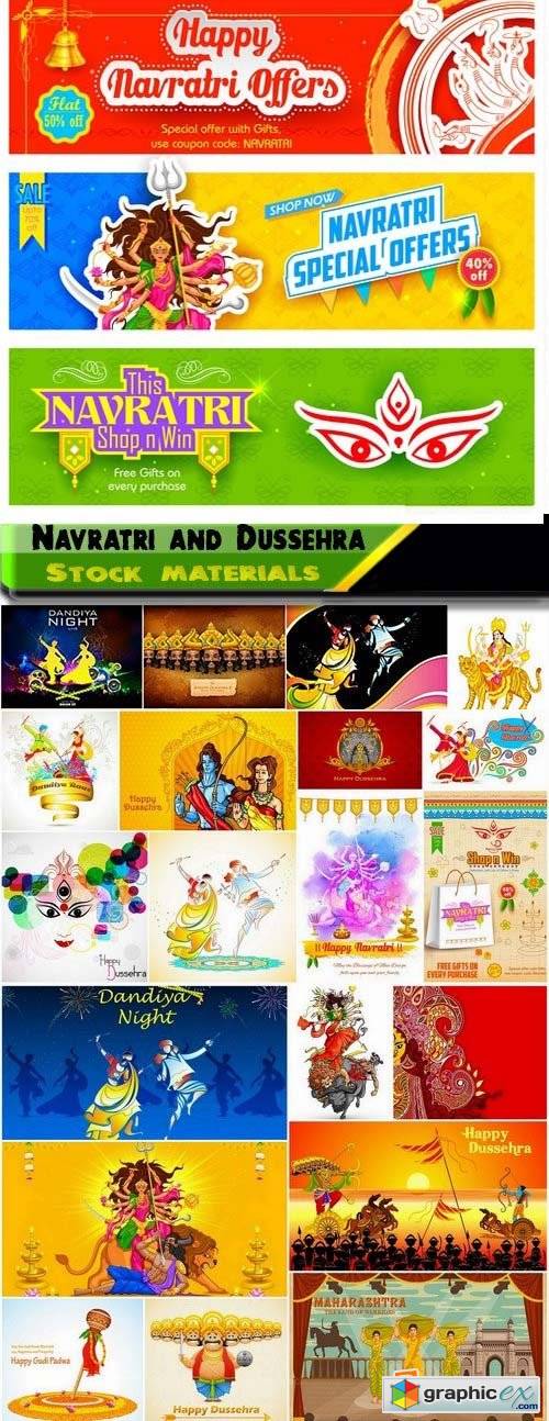 Lord Durga with Happy Navratri and illustration of Raavana for Happy Dussehra 25xEPS