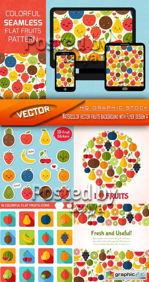 Stock Vector - Watercolor vector fruits background with Flyer design 4