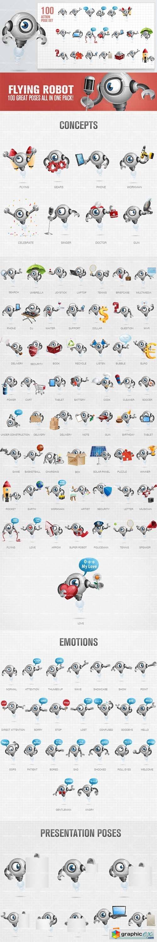 Flying Robot with Wrench Hands Cartoon Character Set