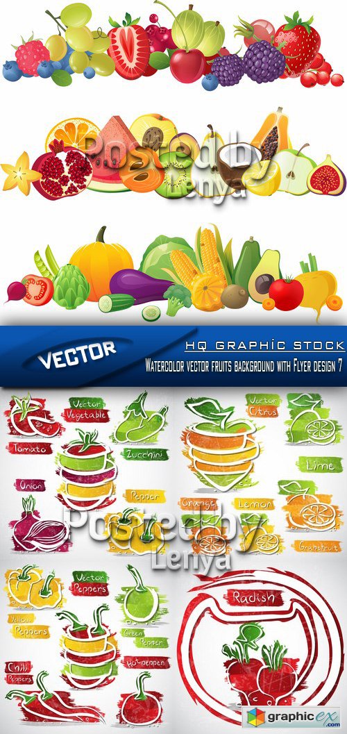 Stock Vector - Watercolor vector fruits background with Flyer design 7