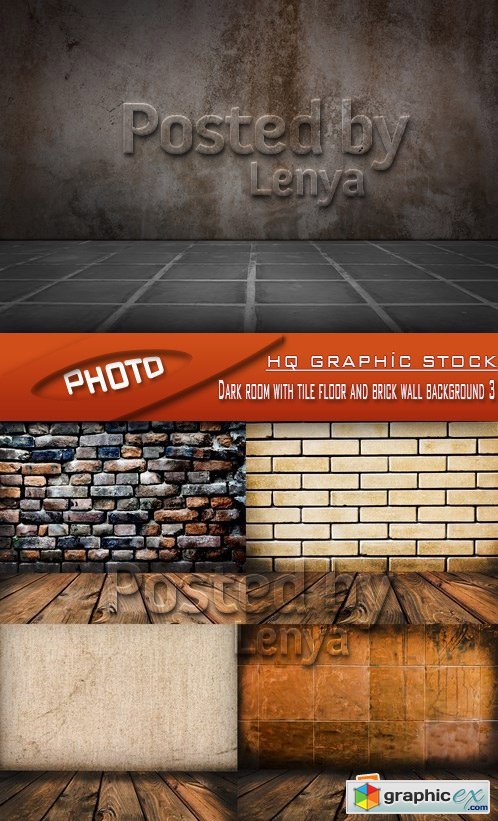 Stock Photo - Dark room with tile floor and brick wall background 3