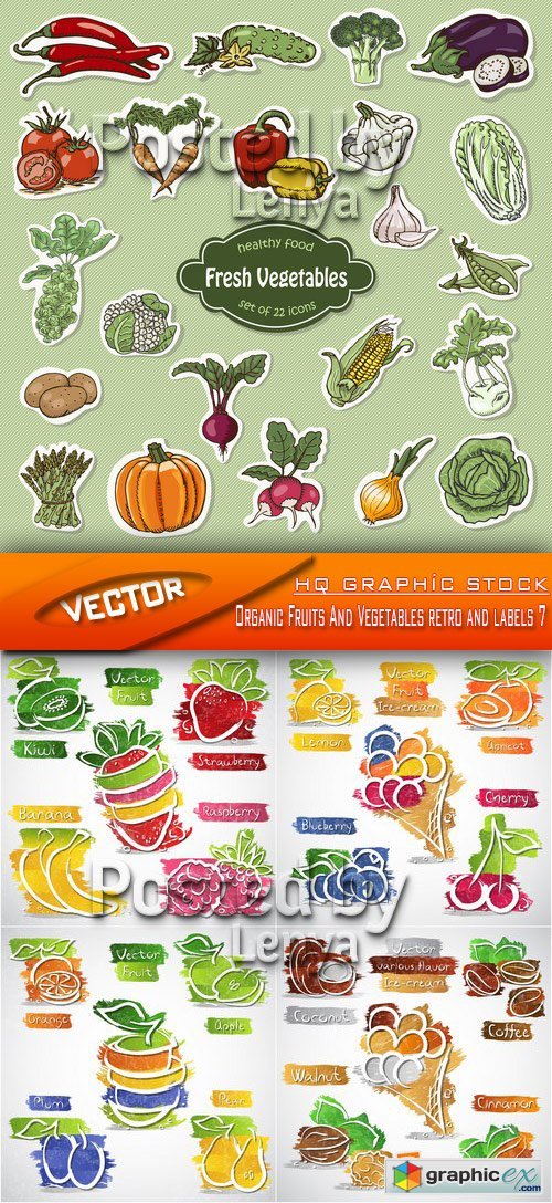 Stock Vector - Organic Fruits And Vegetables retro and labels 7
