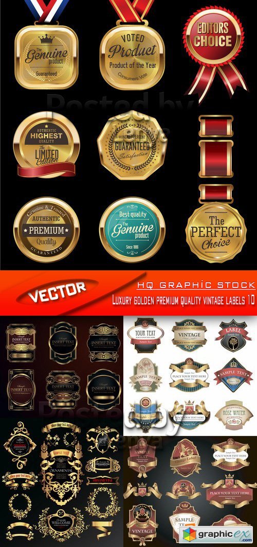 Stock Vector - Luxury golden premium quality vintage labels 10