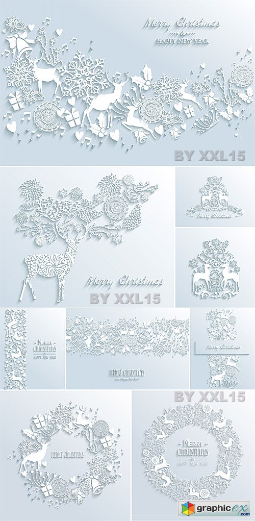 3D paper Christmas vector greeting cards