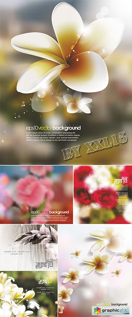Realistic flowers on blurred backgrounds