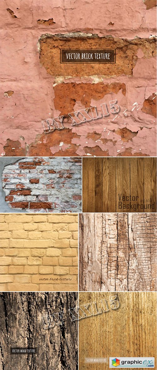 Realistic brick and wood vector textures