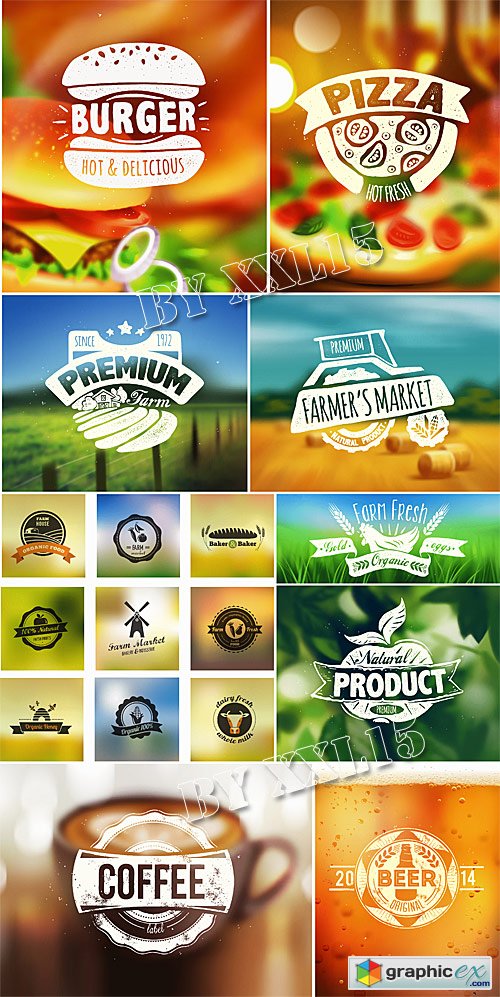 Premium products labels on blurred backgrounds