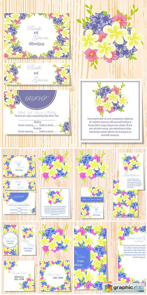 Wedding invitation vector, backgrounds and cards with flowers