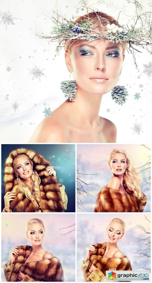 Beautiful girl in winter fur coat - stock photos