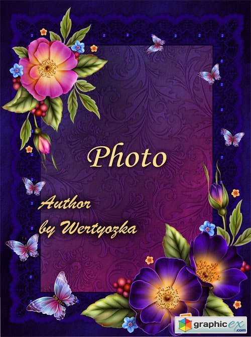 Frame for photo with flowers and butterflies wild rose