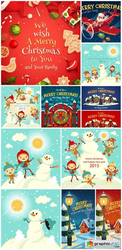 Christmas vector, kids and snowman